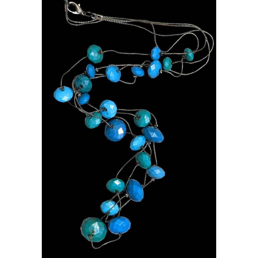 Mermaidcore Layered Blue & Teal Beaded Station Necklace With Silver Tone Chain